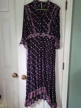 Free People Black Maxi Dress with Muted Pink Floral Print And Ruffles Sz S Witch